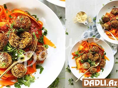 Vegan: Mərci mitbolları və tomat sousunda isti kök əriştələri resepti - FOTO RESEPT