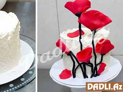 Qırmızı lalə güllü tort bəzədilmə resepti - Video resept