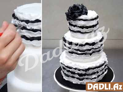 3 mərtəbə volanlı ağ-qara tort bəzədilmə resepti - Video resept