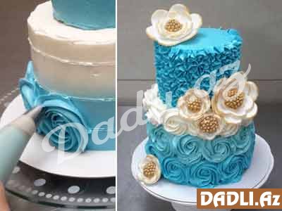 Qaymaqlı kremli güllü tort bəzədilmə resepti - Video resept